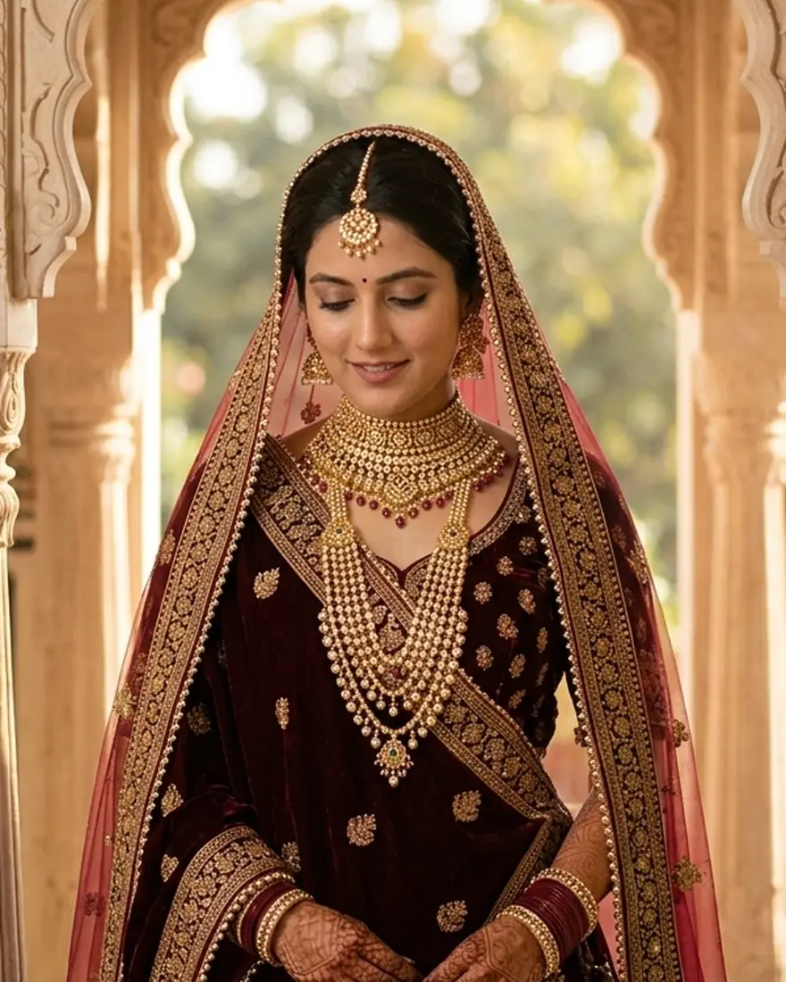A bride in a maroon velvet lehenga wearing a maang tikka, jhumkas, a gold choker and a long layered haar