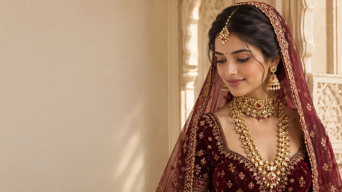 A bride in a maroon lehenga wearing a kundan choker, a long haar, jhumkas and a maang tikka