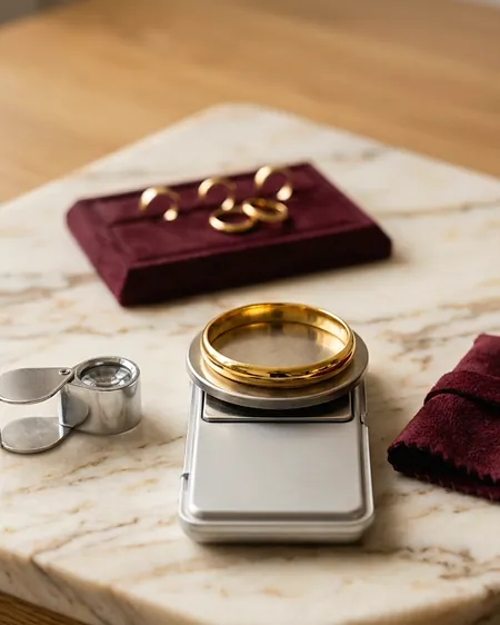 A gold bangle on a jeweller's scale beside a loupe and a tray of rings