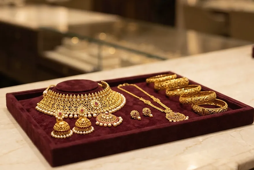 A gold choker, jhumkas, a long chain and bangles on a maroon velvet tray
